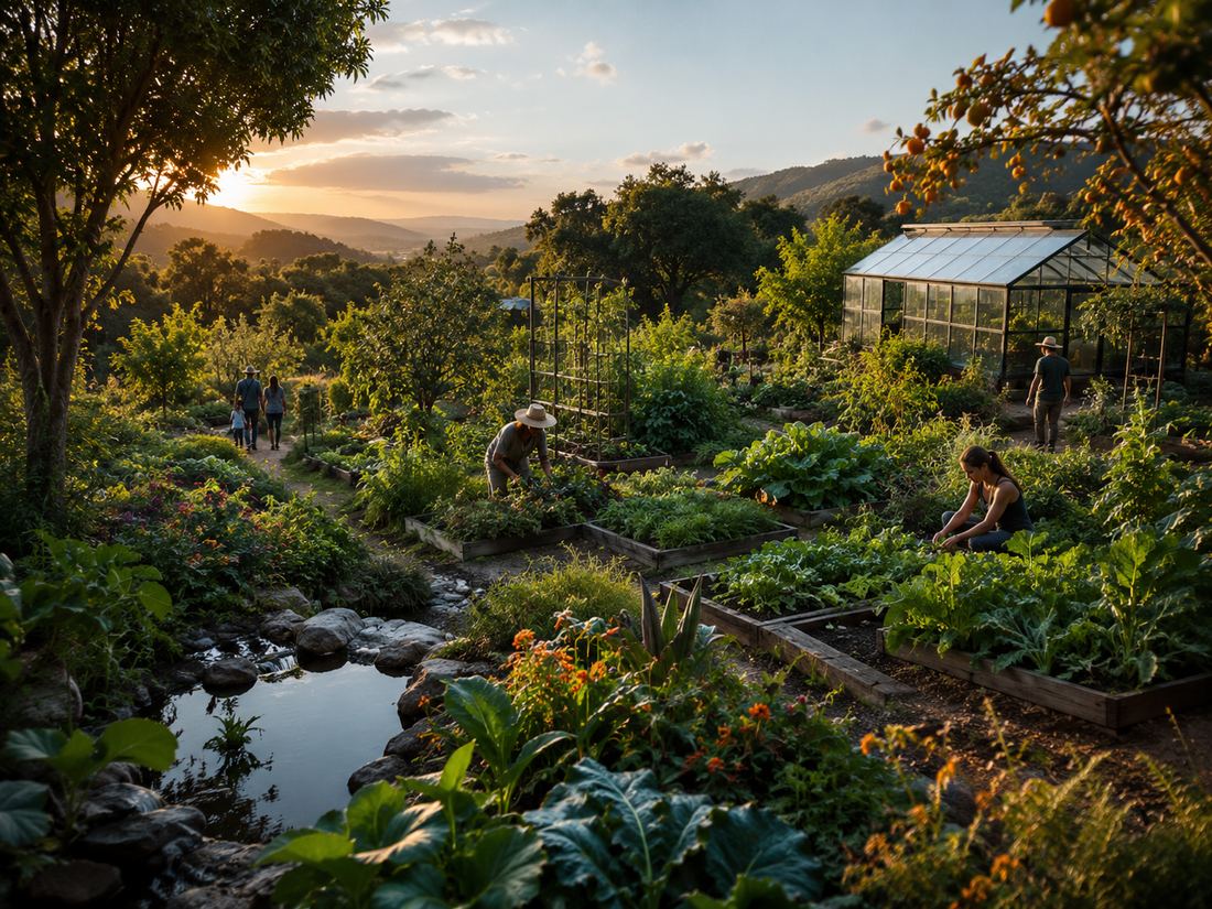 Food forest gardens and greenhouse with people working the land