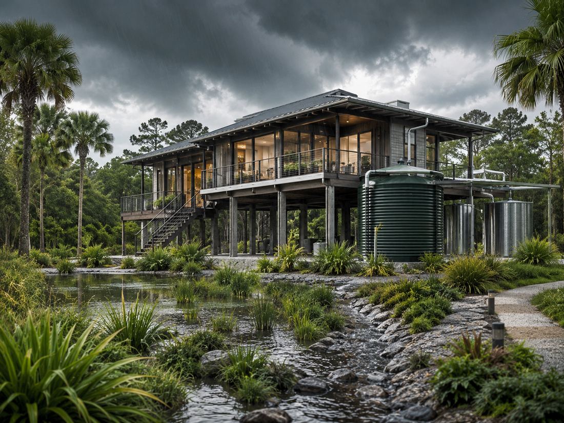 Elevated storm-ready home with water systems and wetland landscape